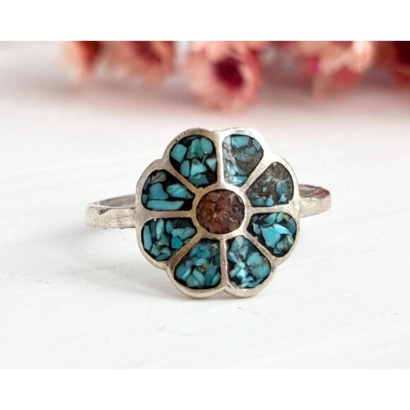 Jewelry - Crushed Turquoise & Coral Floral Vintage Silver T Southwest Style Ring - sz 6.5